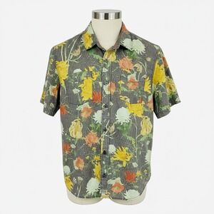 Third and Army‎ Mens Floral Button Up Shirt Short Sleeve Gray Yellow Size M